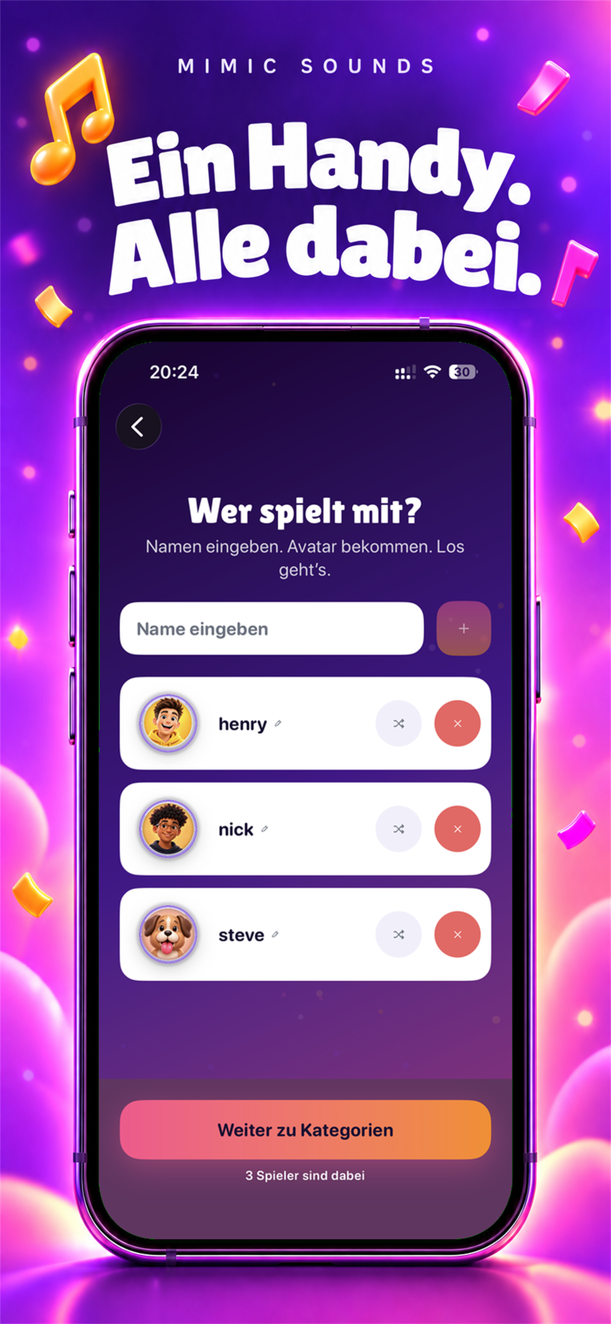 Spielbildschirm von Mimic Sounds: Party mit Spielernamen und Avataren